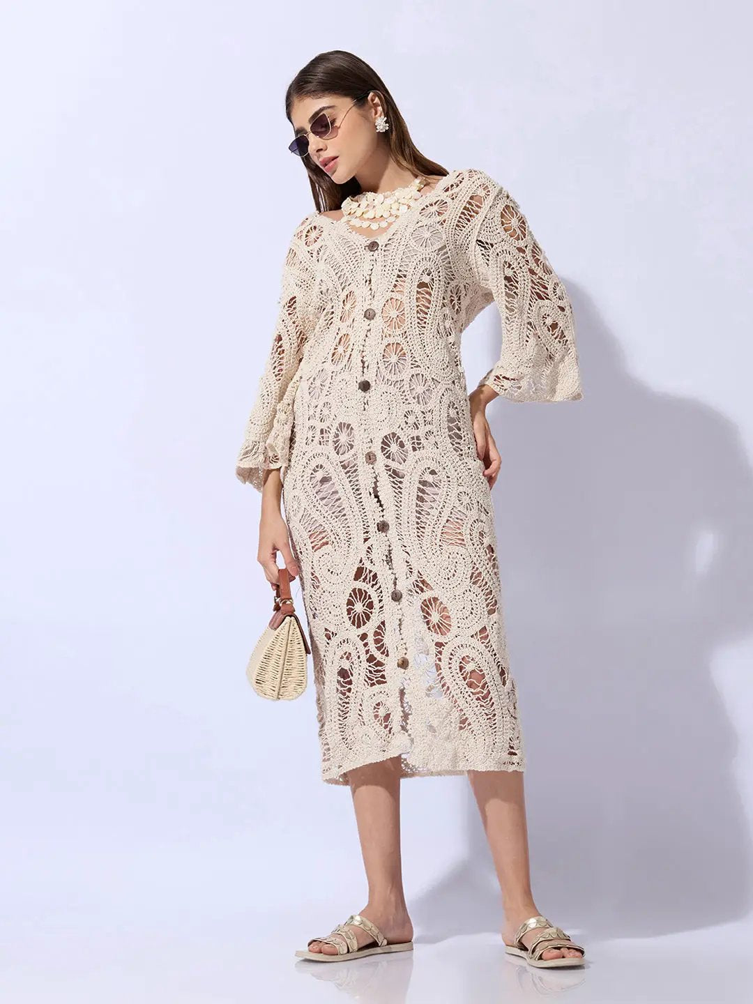 Women's Crochet Cream Longline Button Front Shrug