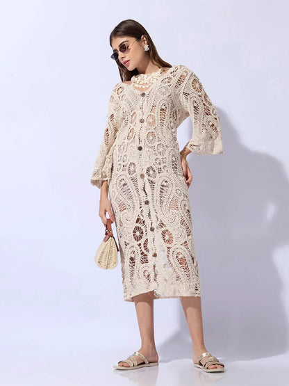 Women's Crochet Cream Longline Button Front Shrug