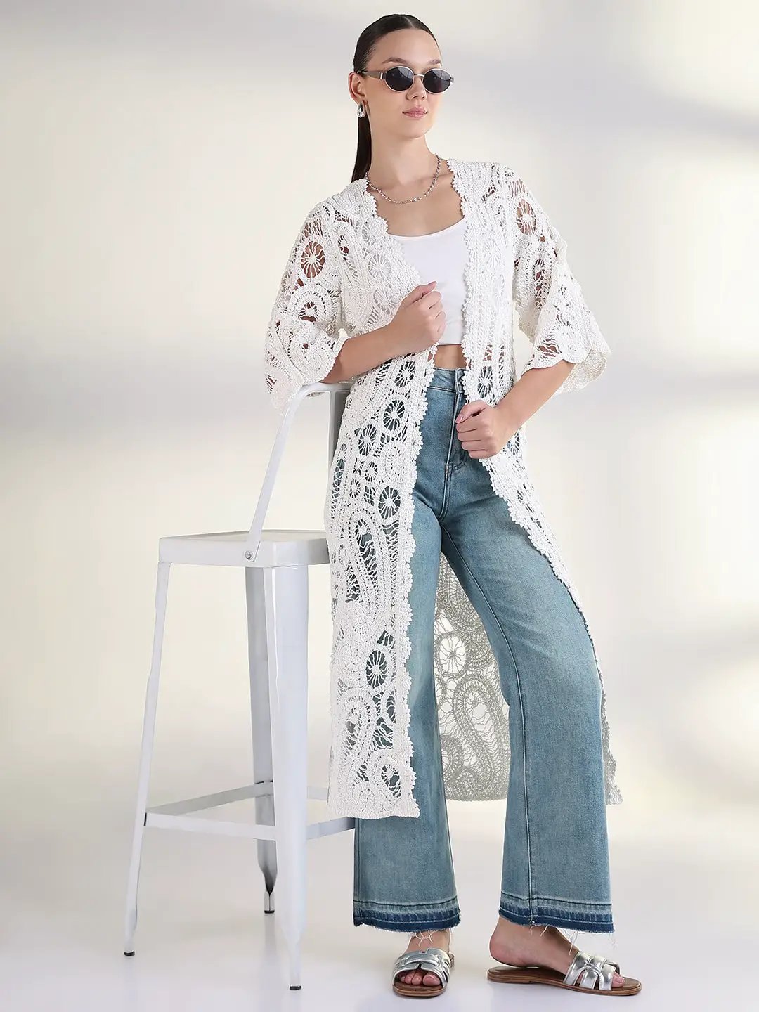 Women's Self Design White Longline Crochet Shrug