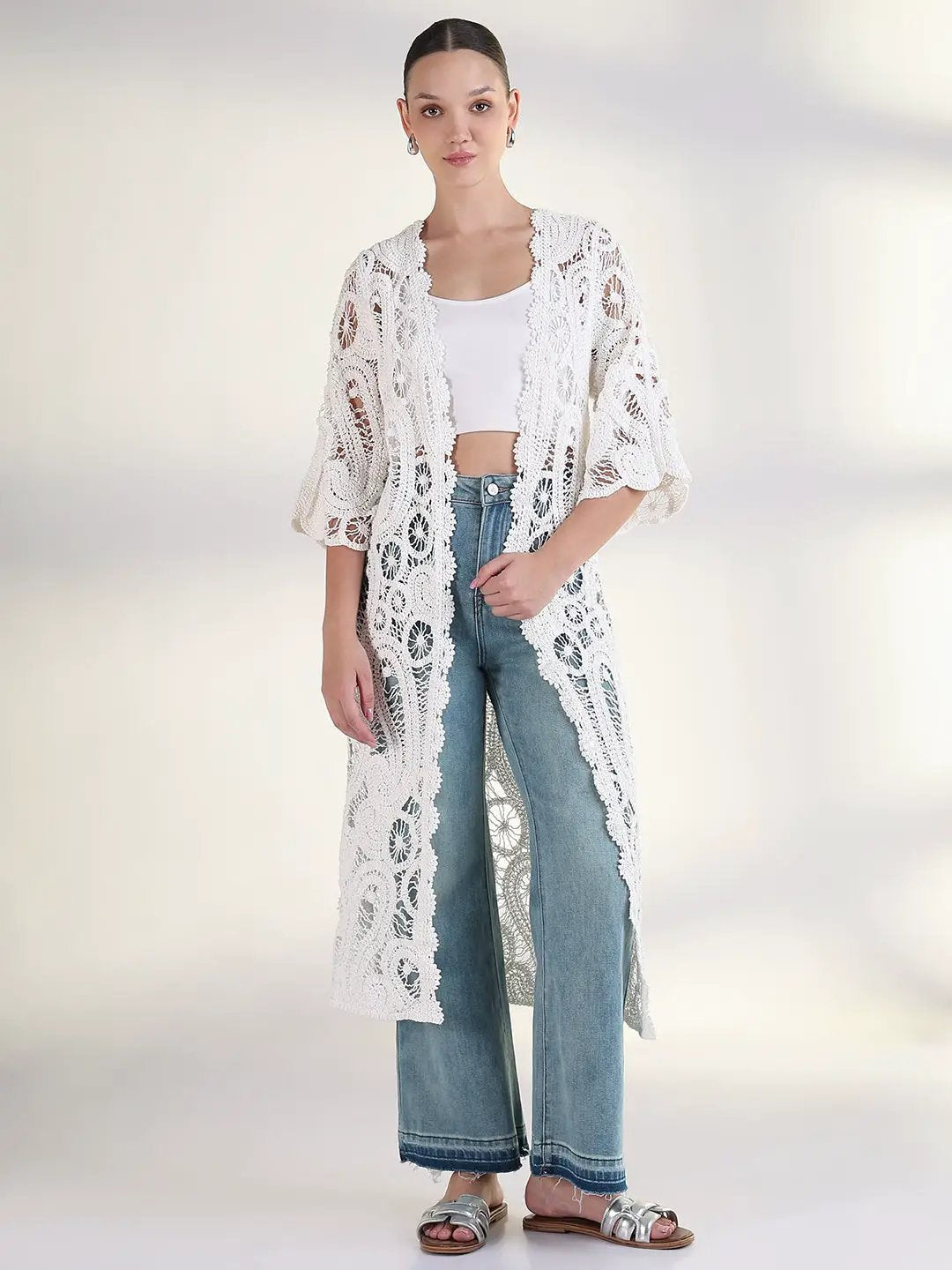 Women's Self Design White Longline Crochet Shrug