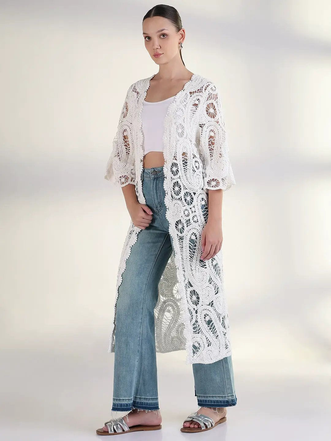 Women's Self Design White Longline Crochet Shrug