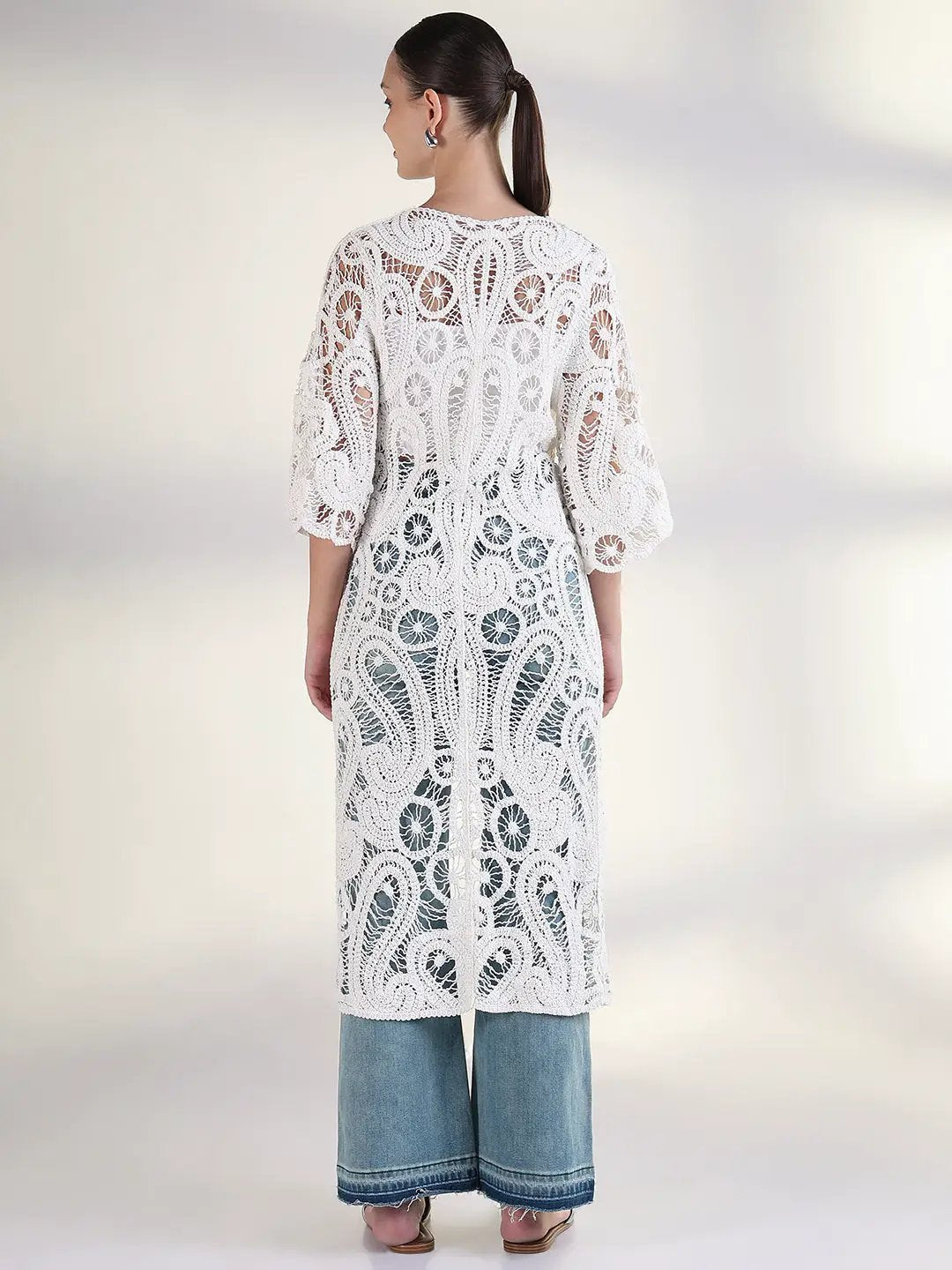 Women's Self Design White Longline Crochet Shrug