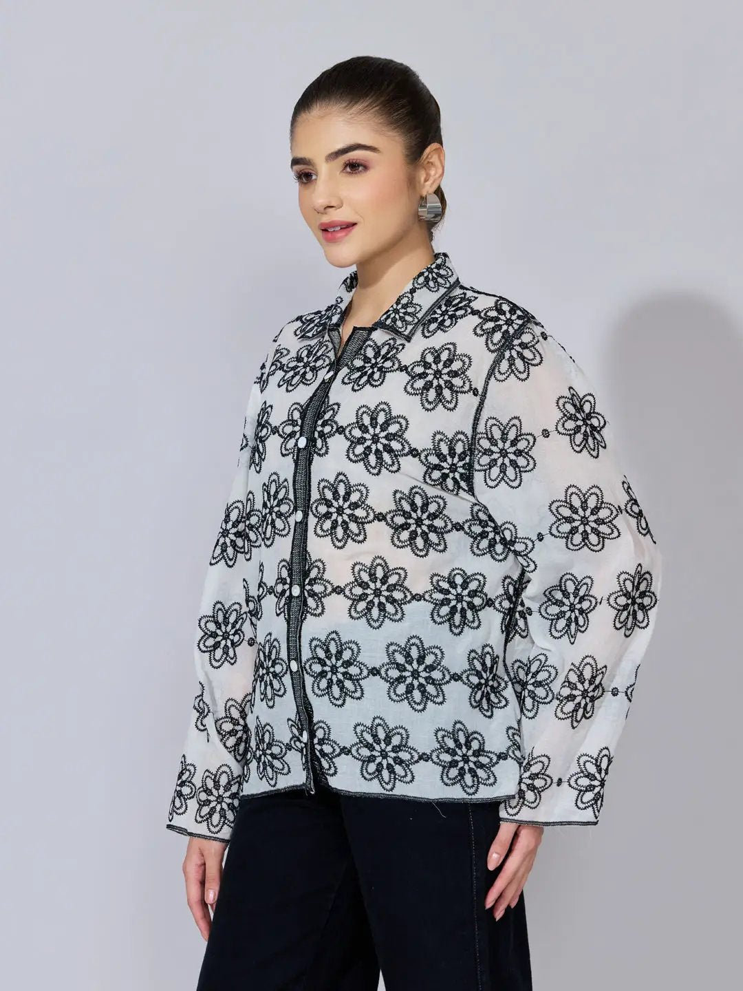 Women's Floral Embroidered Black Sheer Shirt