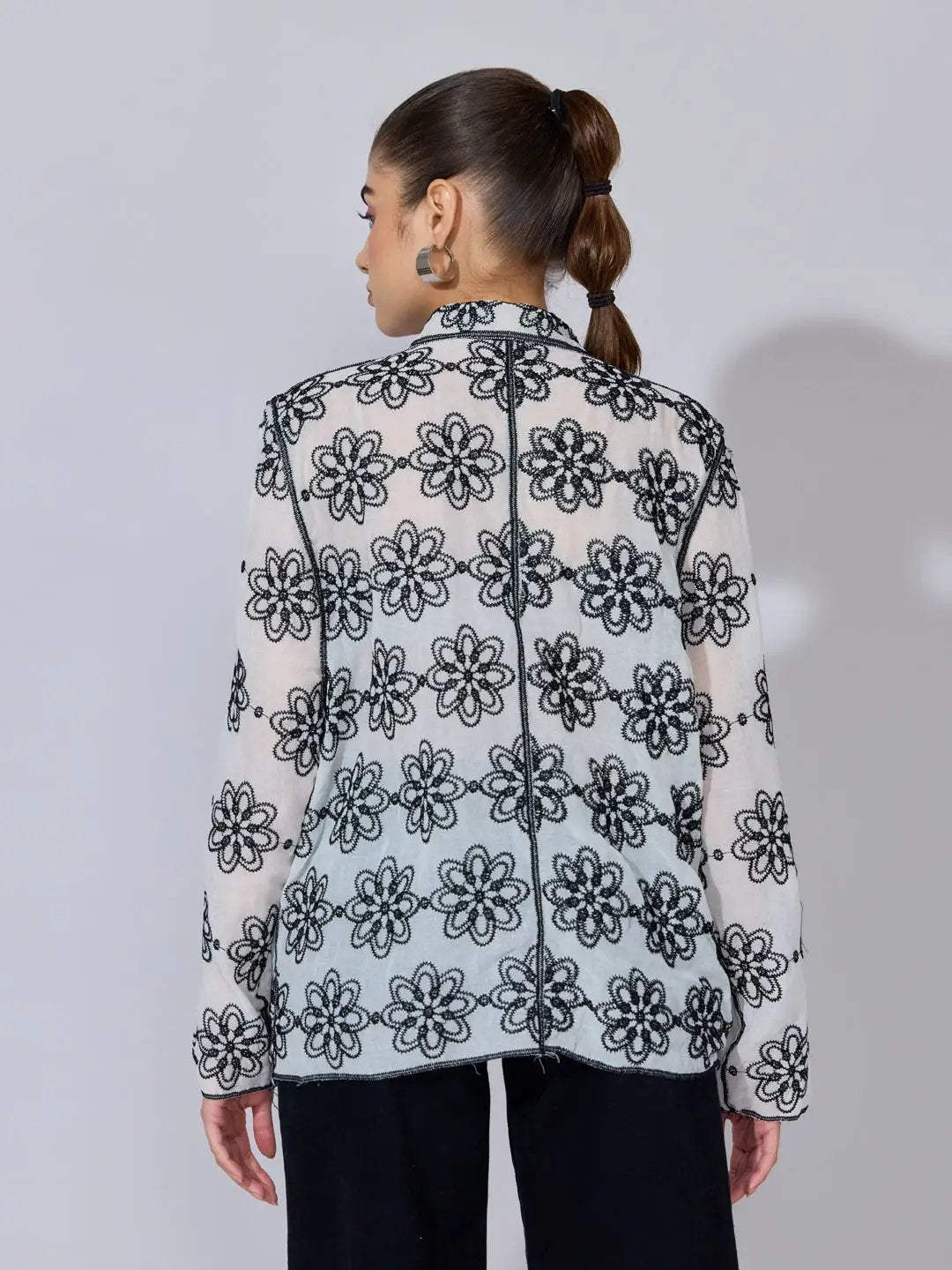 Women's Floral Embroidered Black Sheer Shirt