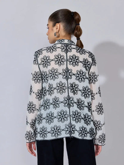 Women's Floral Embroidered Black Sheer Shirt