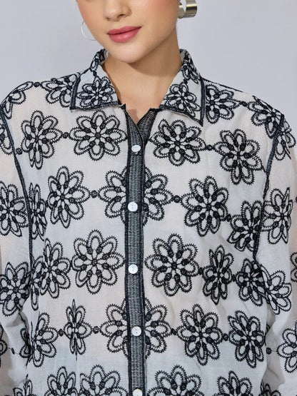 Women's Floral Embroidered Black Sheer Shirt