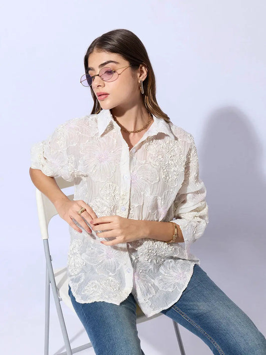 Women's Floral Textured Cream Sheer Shirt