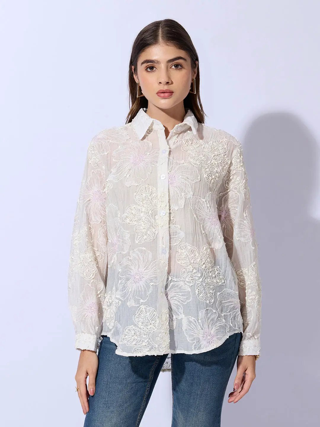 Women's Floral Textured Cream Sheer Shirt