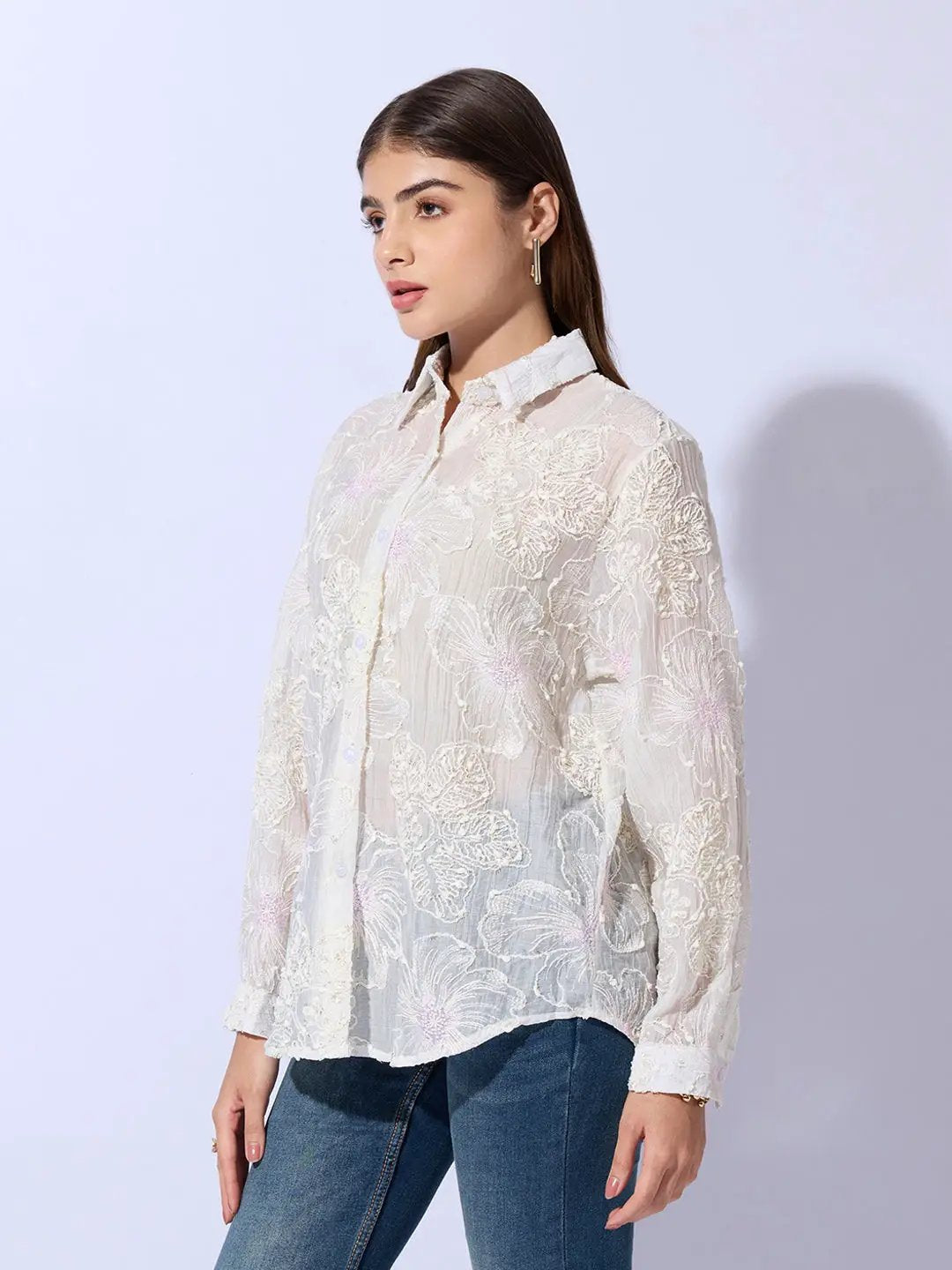 Women's Floral Textured Cream Sheer Shirt