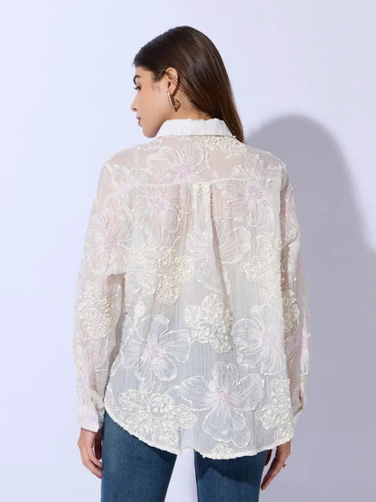 Women's Floral Textured Cream Sheer Shirt