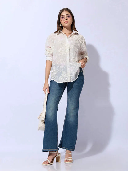 Women's Floral Textured Cream Sheer Shirt