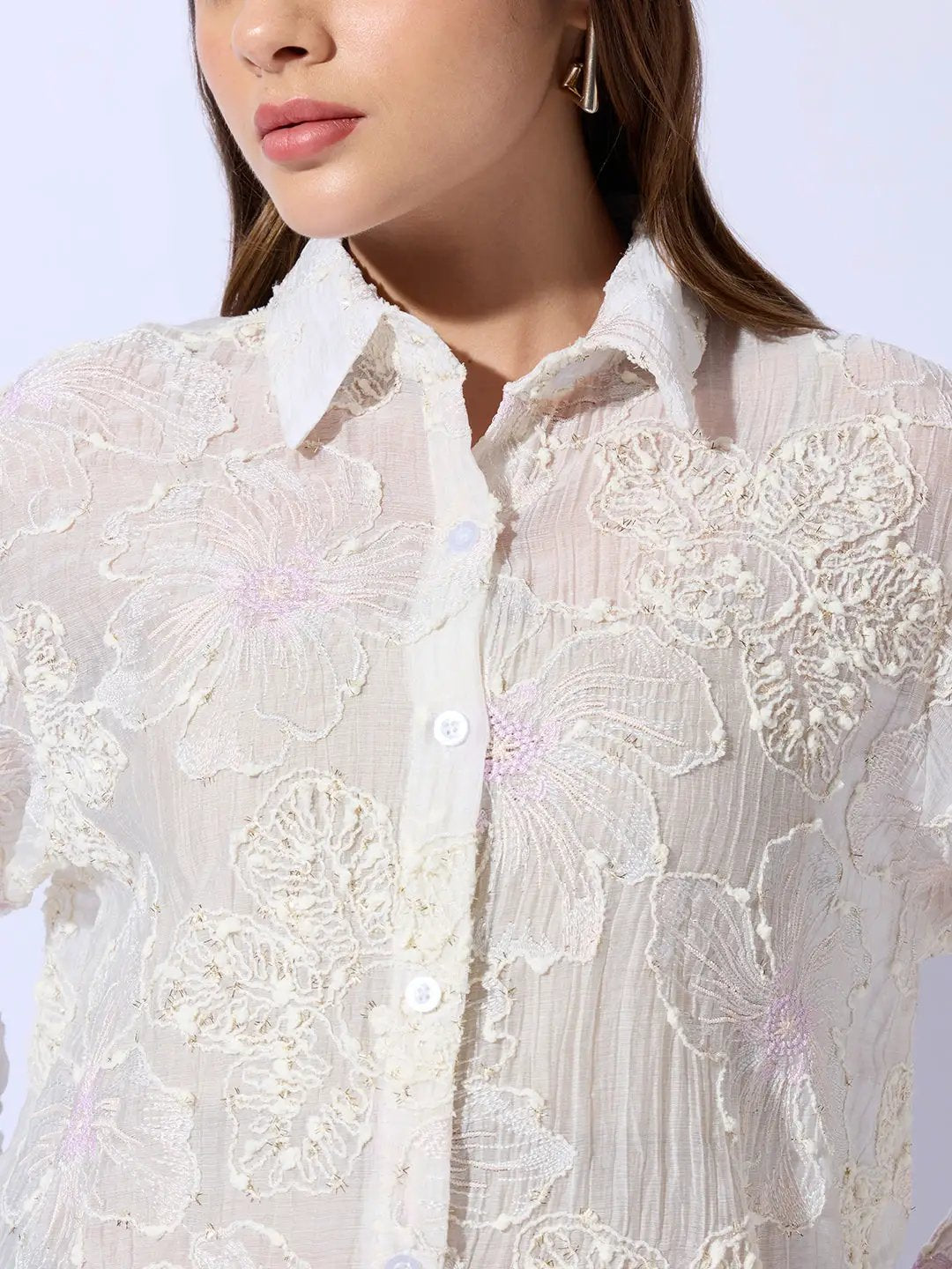 Women's Floral Textured Cream Sheer Shirt