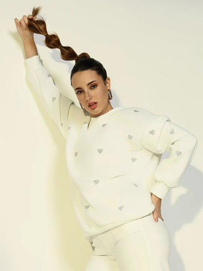 Women's White Oversized Sweatshirt with Small Embellished Hearts
