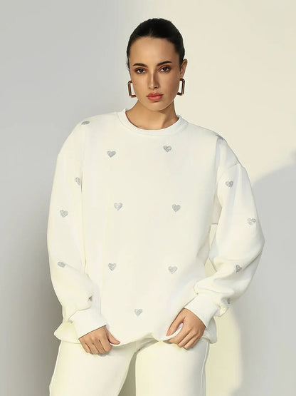 Women's White Oversized Sweatshirt with Small Embellished Hearts
