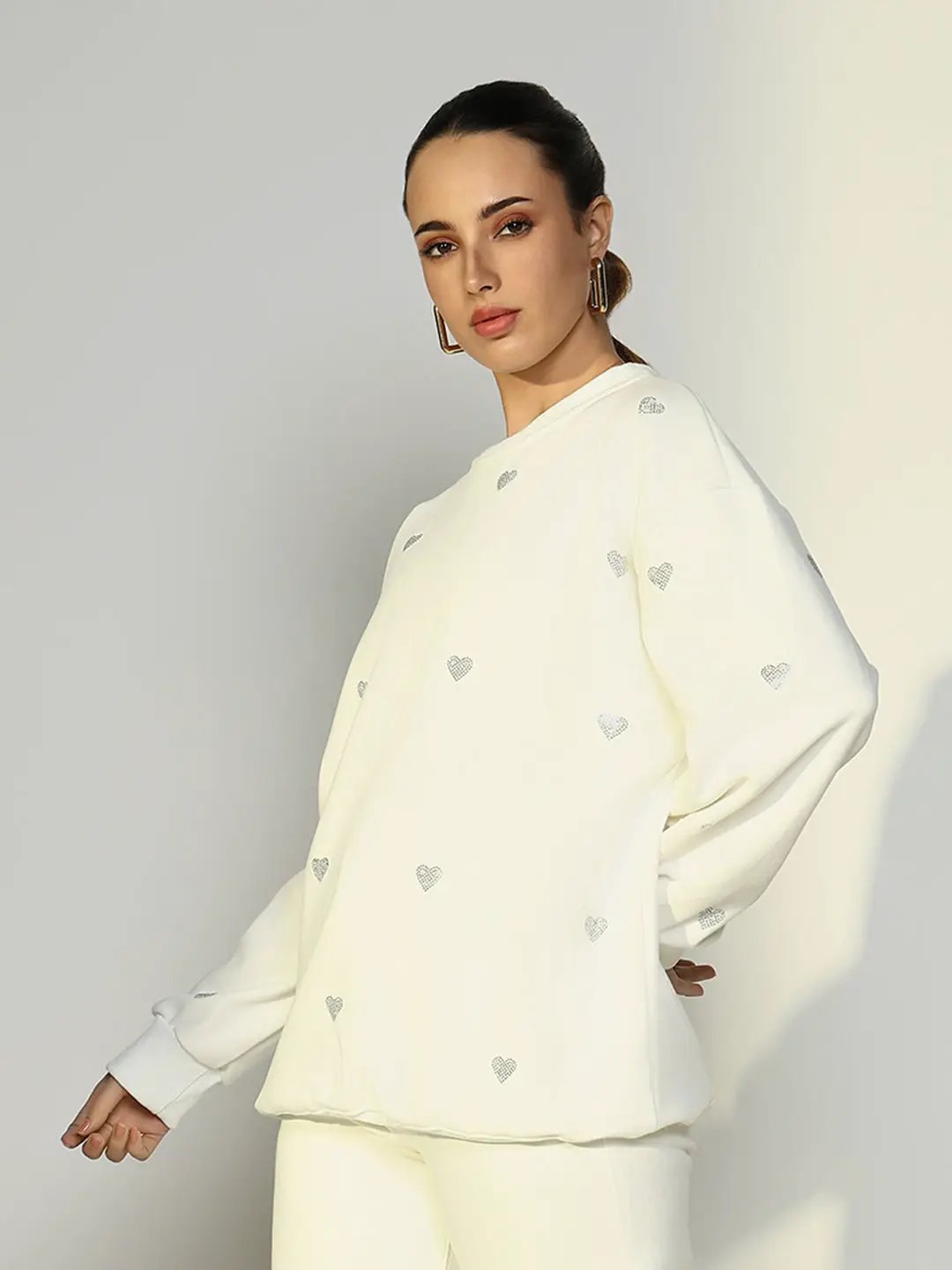 Women's White Oversized Sweatshirt with Small Embellished Hearts