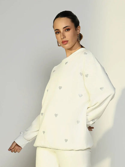Women's White Oversized Sweatshirt with Small Embellished Hearts