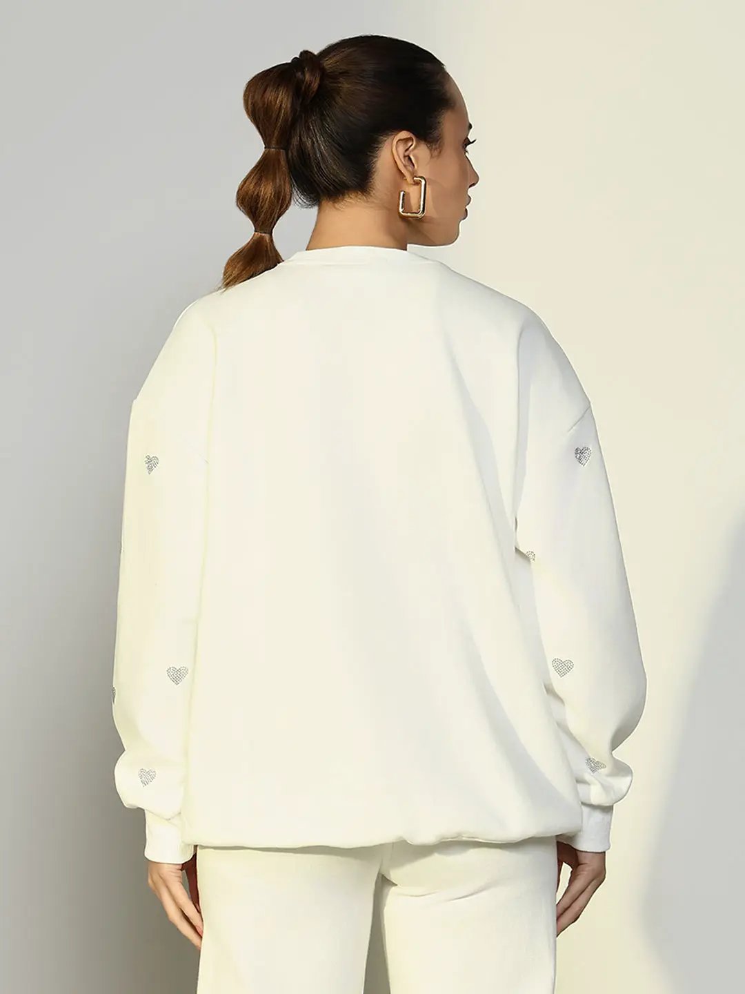Women's White Oversized Sweatshirt with Small Embellished Hearts