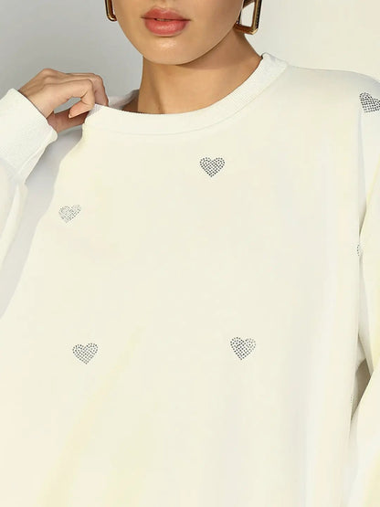 Women's White Oversized Sweatshirt with Small Embellished Hearts