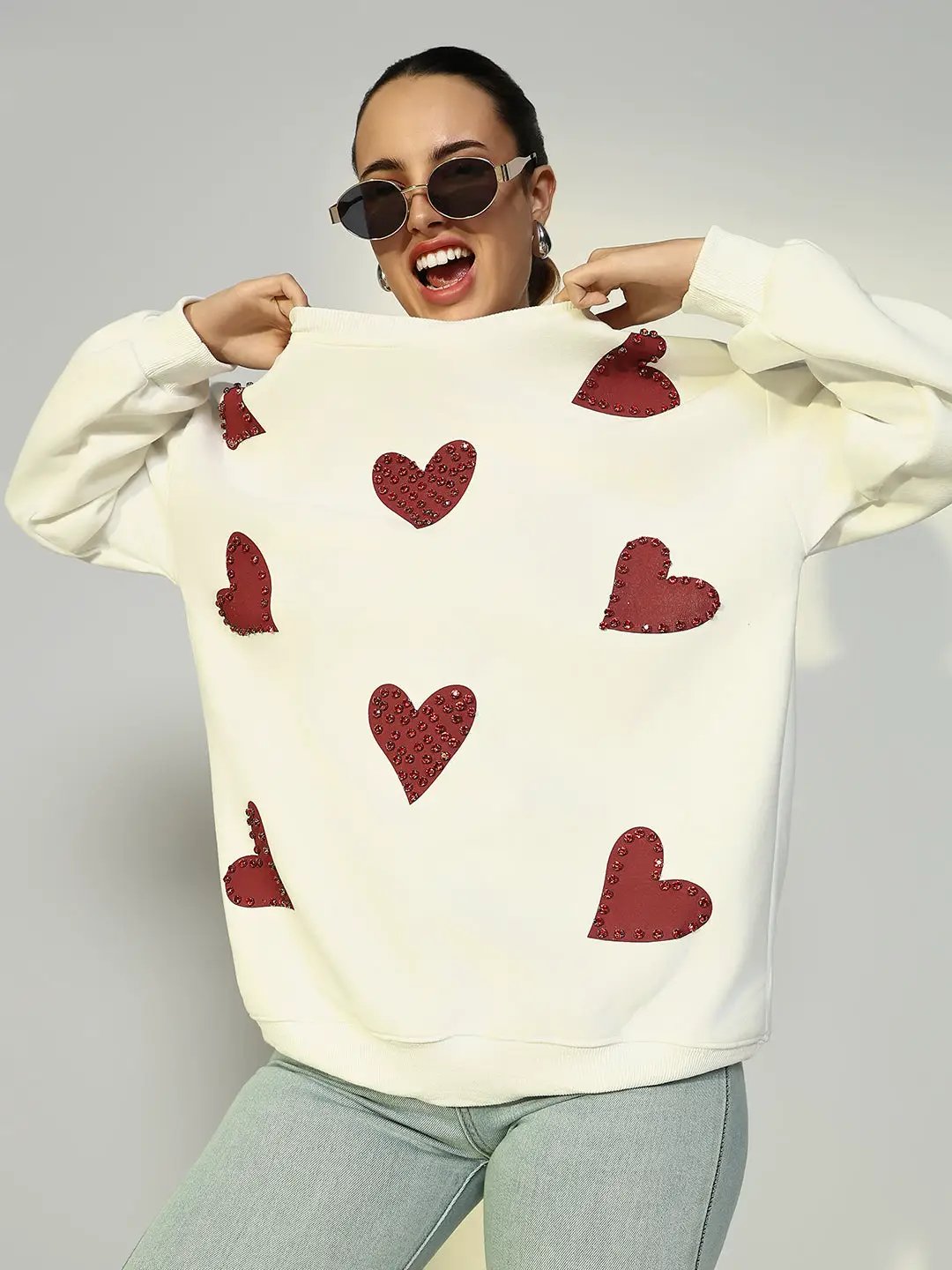 Women's White Oversized Sweatshirt with Embellished Hearts