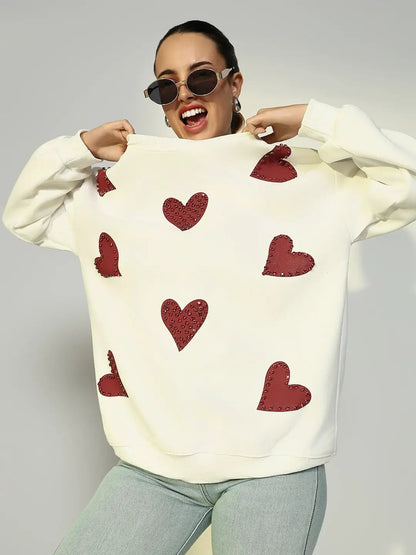Women's White Oversized Sweatshirt with Embellished Hearts