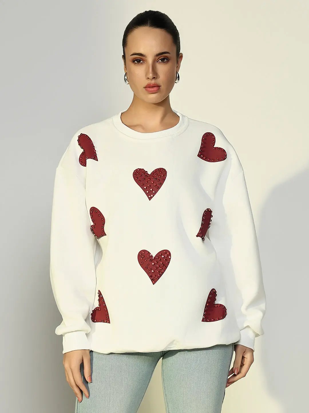 Women's White Oversized Sweatshirt with Embellished Hearts