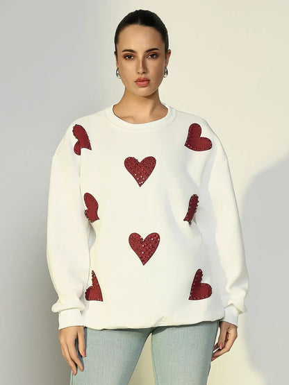 Women's White Oversized Sweatshirt with Embellished Hearts