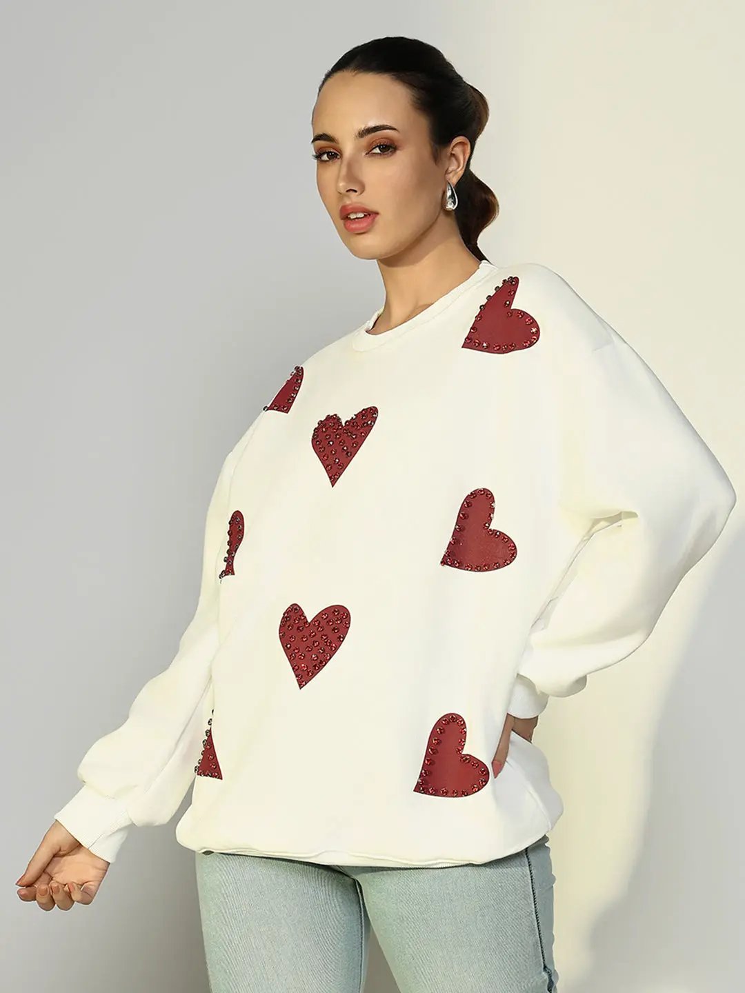 Women's White Oversized Sweatshirt with Embellished Hearts