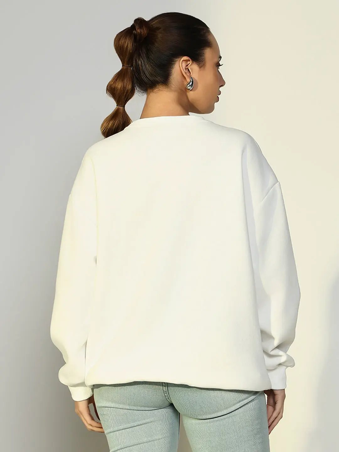 Women's White Oversized Sweatshirt with Embellished Hearts