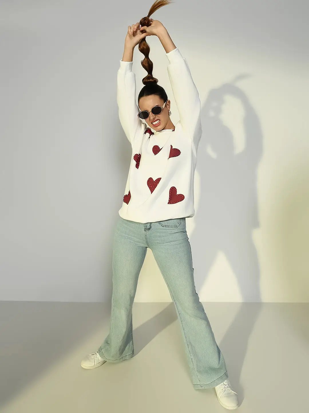 Women's White Oversized Sweatshirt with Embellished Hearts