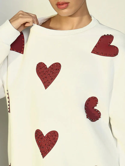 Women's White Oversized Sweatshirt with Embellished Hearts