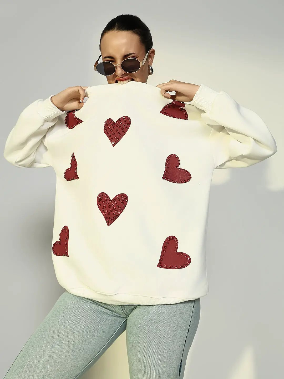 Women's White Oversized Sweatshirt with Embellished Hearts