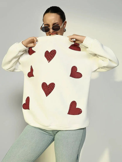 Women's White Oversized Sweatshirt with Embellished Hearts