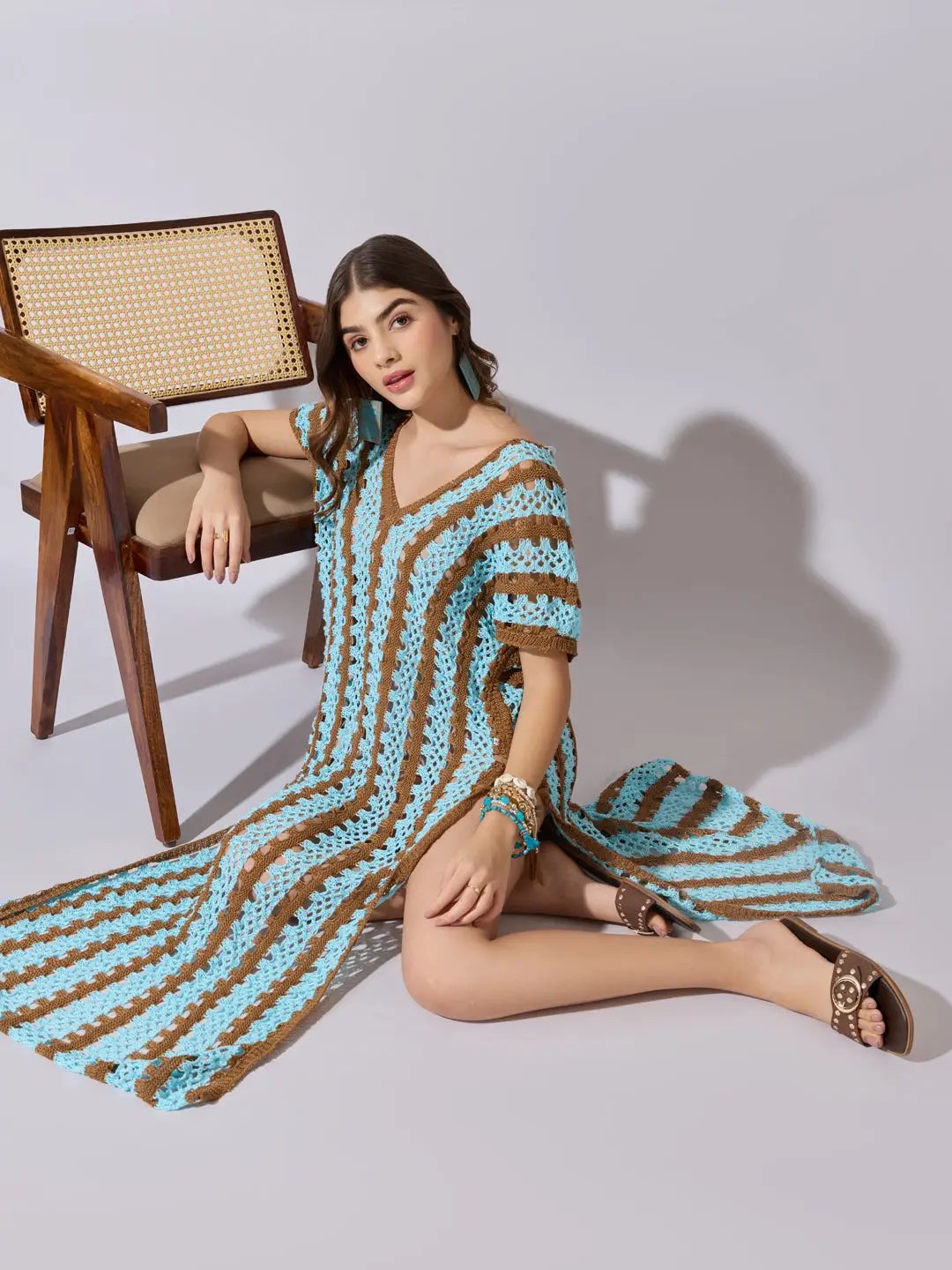 Women's Striped Blue Crochet Longline Top with Side Slits