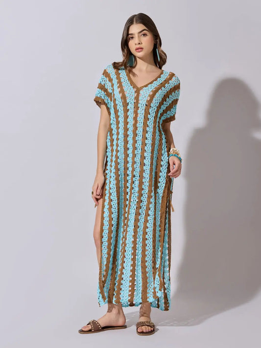 Women's Striped Blue Crochet Longline Top with Side Slits