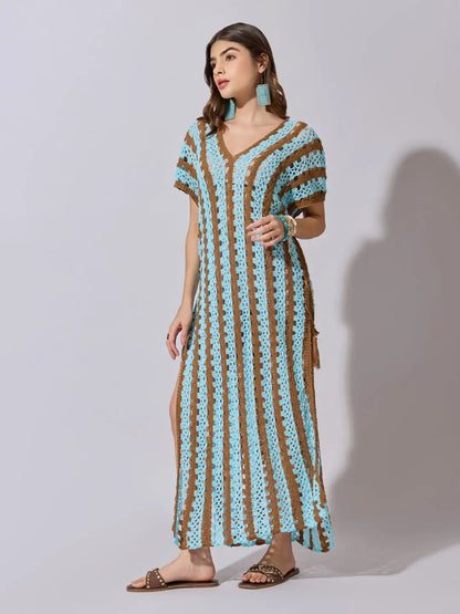 Women's Striped Blue Crochet Longline Top with Side Slits