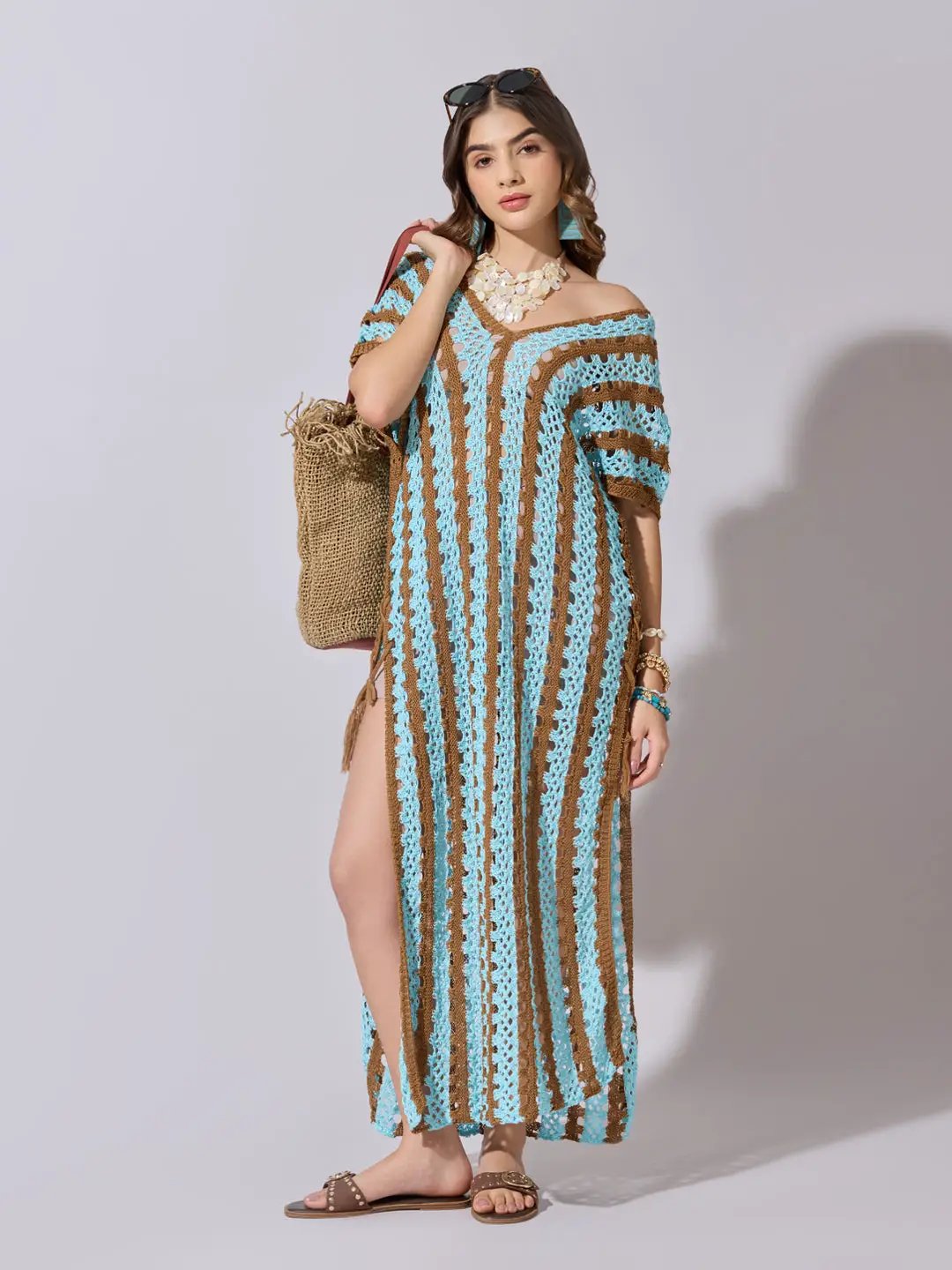 Women's Striped Blue Crochet Longline Top with Side Slits