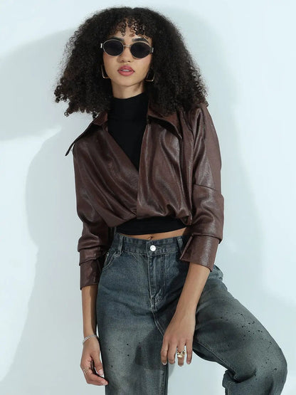 Women's Brown Faux Leather Shirt Style Crop Top
