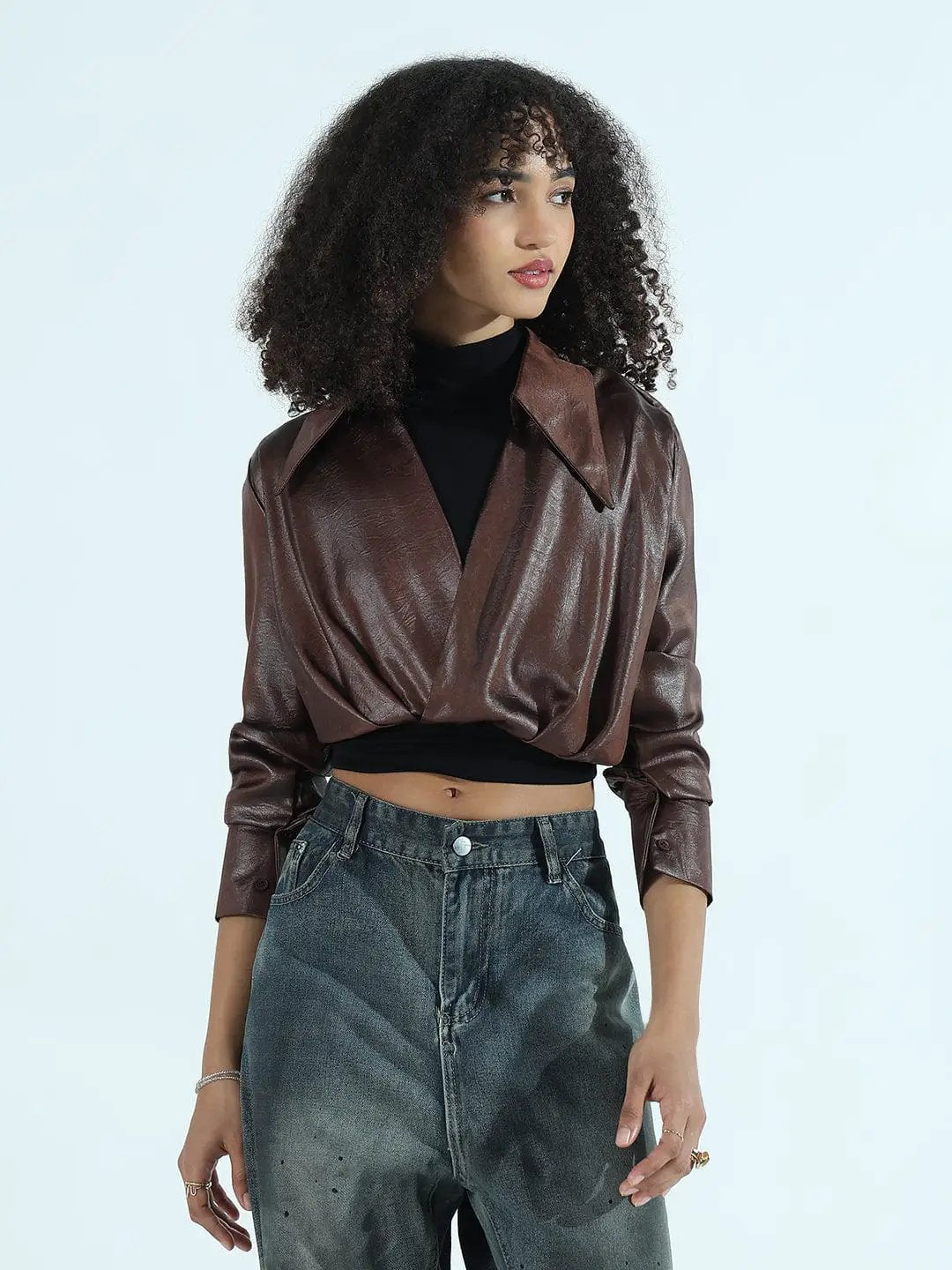 Women's Brown Faux Leather Shirt Style Crop Top