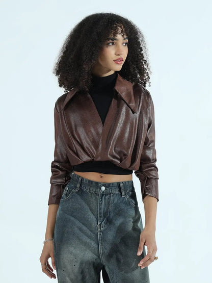 Women's Brown Faux Leather Shirt Style Crop Top