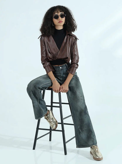Women's Brown Faux Leather Shirt Style Crop Top