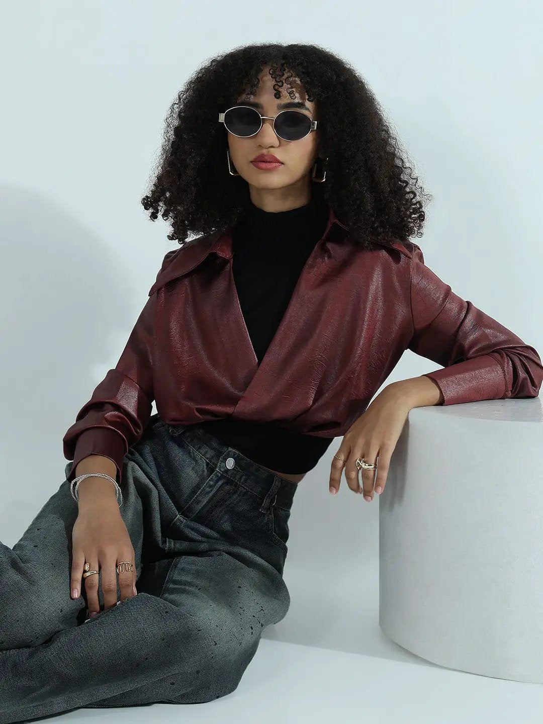 Women's Maroon Faux Leather Shirt Style Crop Top