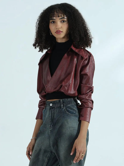 Women's Maroon Faux Leather Shirt Style Crop Top