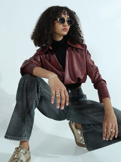 Women's Maroon Faux Leather Shirt Style Crop Top