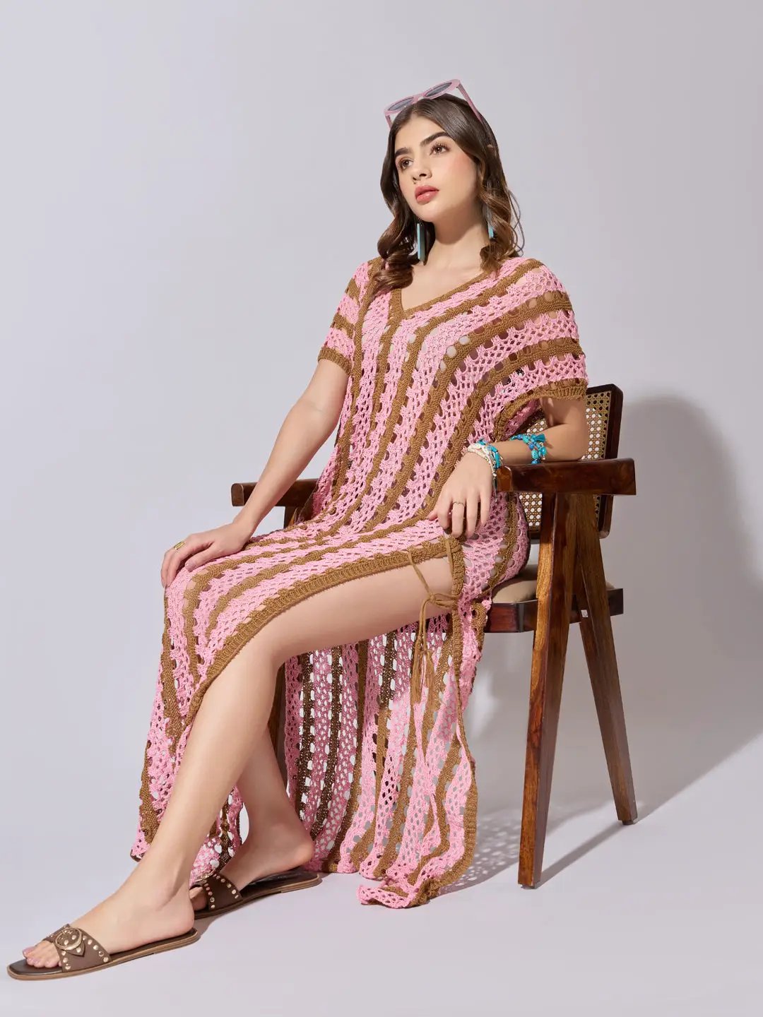 Women's Striped Pink Crochet Longline Top with Side Slits