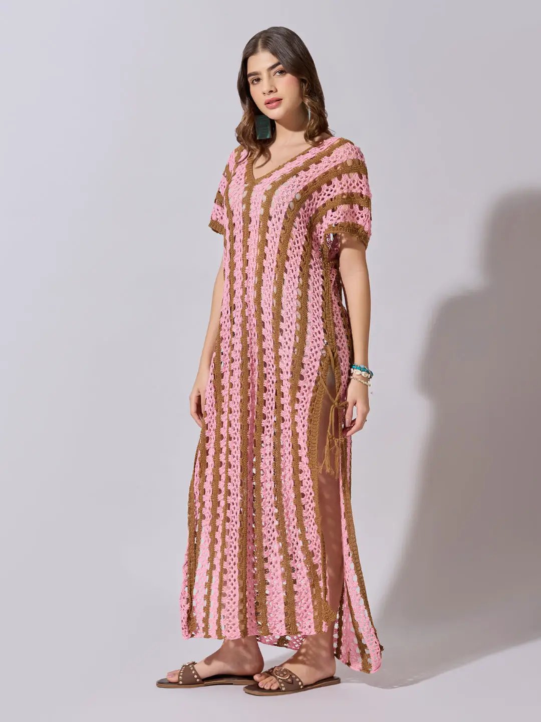 Women's Striped Pink Crochet Longline Top with Side Slits