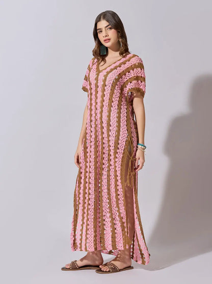 Women's Striped Pink Crochet Longline Top with Side Slits