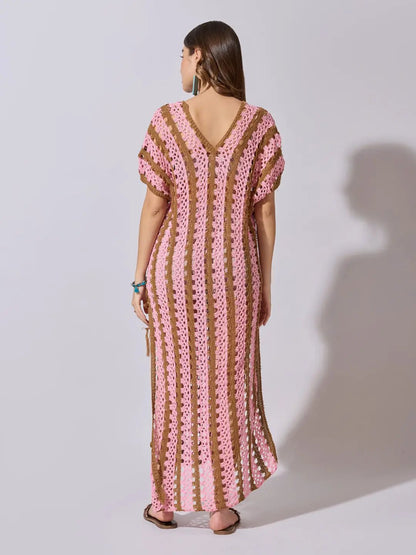 Women's Striped Pink Crochet Longline Top with Side Slits