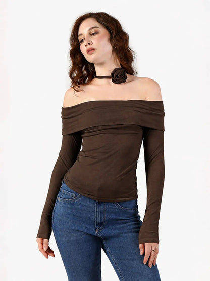 Women's Brown Off Shoulder Top with Rose Choker Detail