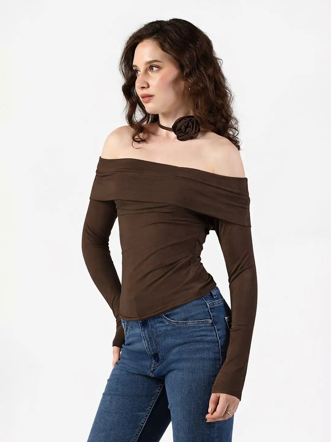 Women's Brown Off Shoulder Top with Rose Choker Detail