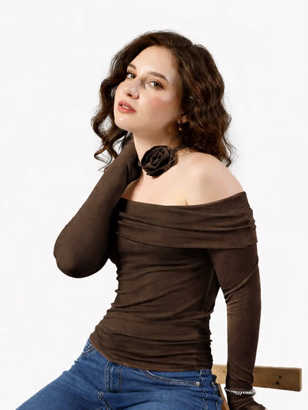 Women's Brown Off Shoulder Top with Rose Choker Detail